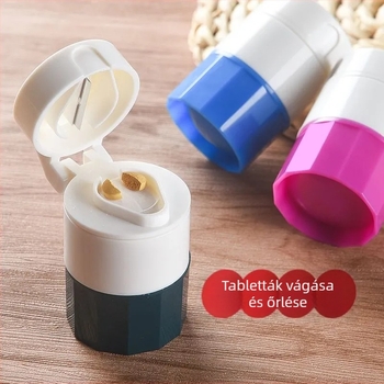 Multifunkcionális tablettás doboz őrlővel – hordozható, porálló, osztóval, anyag: PP műanyag, 1 L kapacitás