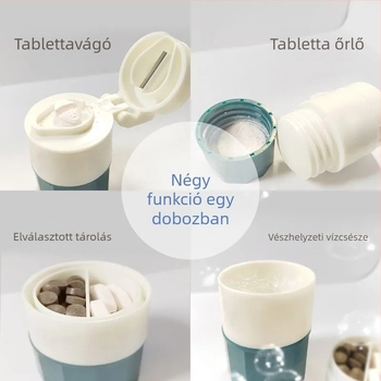 Multifunkcionális tablettás doboz őrlővel – hordozható, porálló, osztóval, anyag: PP műanyag, 1 L kapacitás