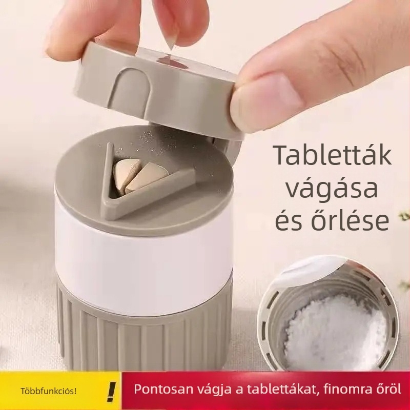 Multifunkcionális tablettás doboz őrlővel – hordozható, porálló, osztóval, anyag: PP műanyag, 1 L kapacitás