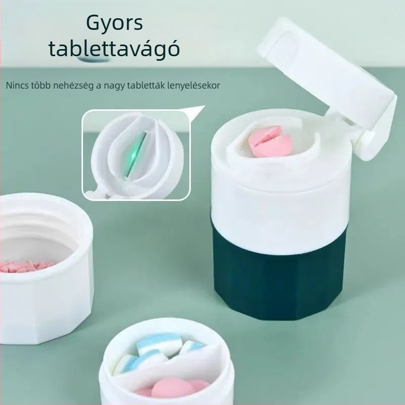 Multifunkcionális tablettás doboz őrlővel – hordozható, porálló, osztóval, anyag: PP műanyag, 1 L kapacitás