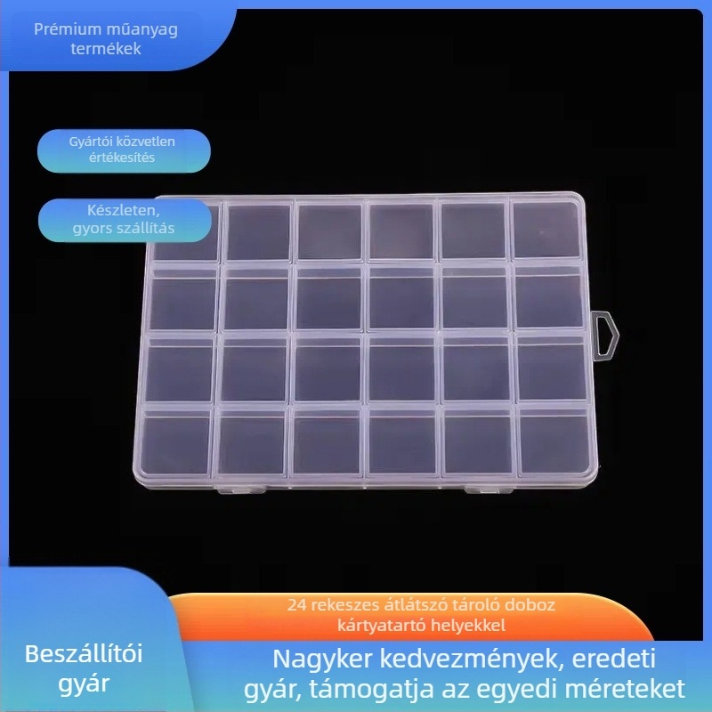 PP műanyag 24 rekeszes átlátszó tároló doboz kártya résével; összehajtható, rakható, porálló, kapacitás 1 L