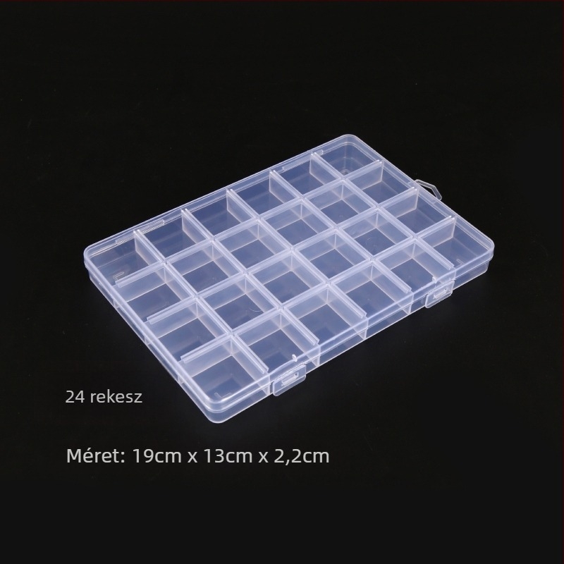 PP műanyag 24 rekeszes átlátszó tároló doboz kártya résével; összehajtható, rakható, porálló, kapacitás 1 L