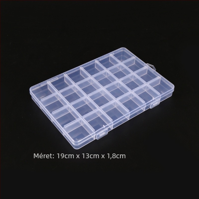 PP műanyag 24 rekeszes átlátszó tároló doboz kártya résével; összehajtható, rakható, porálló, kapacitás 1 L