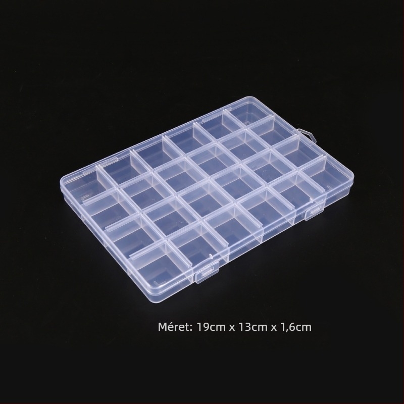 PP műanyag 24 rekeszes átlátszó tároló doboz kártya résével; összehajtható, rakható, porálló, kapacitás 1 L