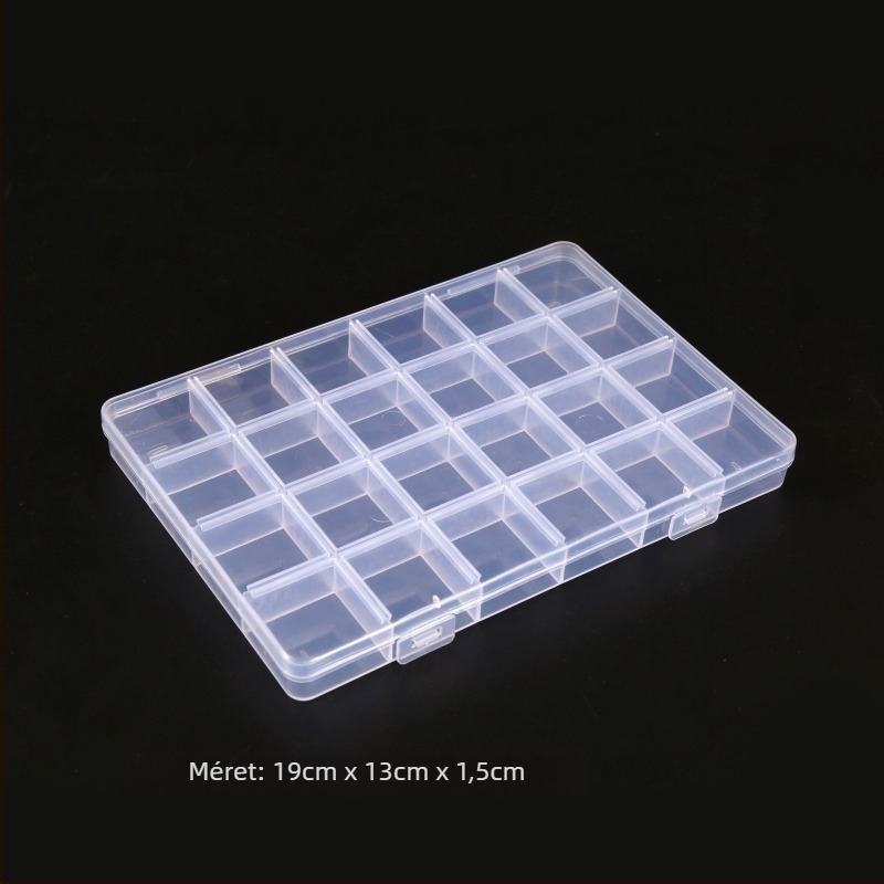 PP műanyag 24 rekeszes átlátszó tároló doboz kártya résével; összehajtható, rakható, porálló, kapacitás 1 L