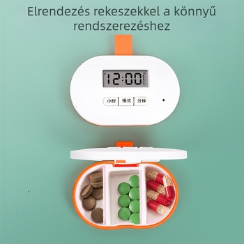Elektronikus tablettás doboz időzítővel és ébresztővel, hét napos osztott rekeszek, porvédett kivitel, kapacitás 50 tabletta