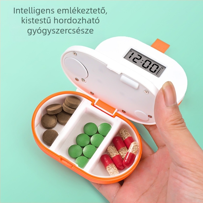 Elektronikus tablettás doboz időzítővel és ébresztővel, hét napos osztott rekeszek, porvédett kivitel, kapacitás 50 tabletta