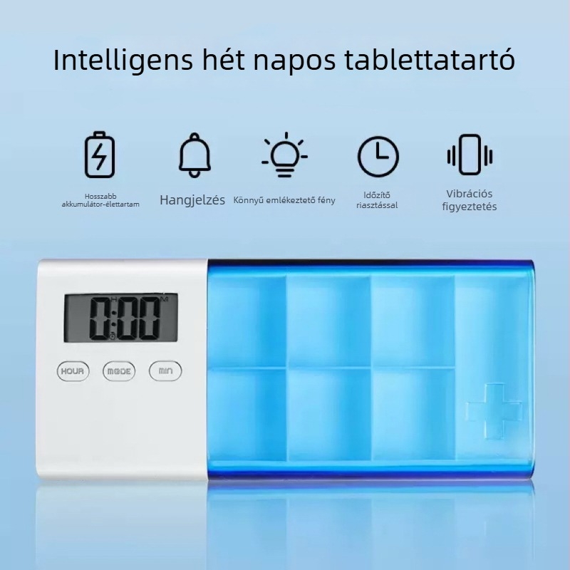 Elektronikus tablettás doboz időzítővel és ébresztővel, hét napos osztott rekeszek, porvédett kivitel, kapacitás 50 tabletta