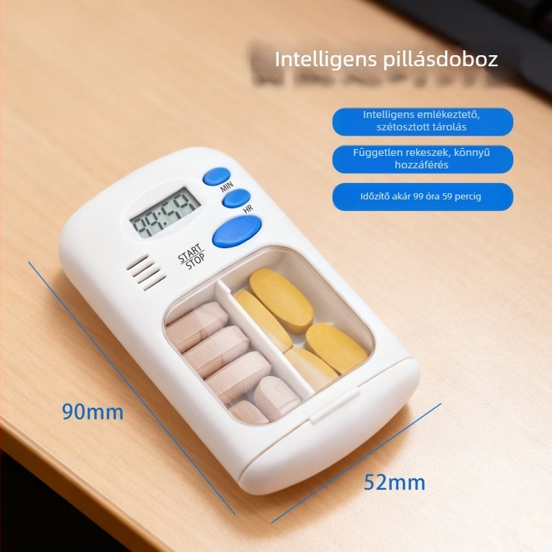 Elektronikus tablettás doboz időzítővel és ébresztővel, hét napos osztott rekeszek, porvédett kivitel, kapacitás 50 tabletta