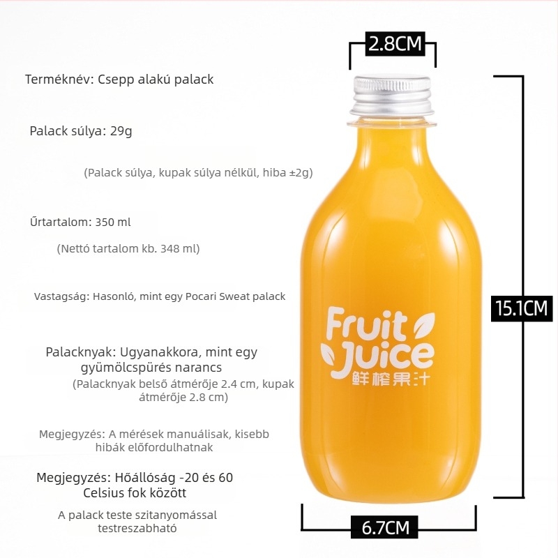 Egyszer használatos, átlátszó PET palack gyümölcs- és zöldségléhez, élelmiszer-minőségű, 350 ml