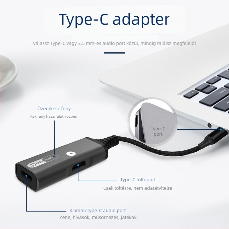 3‑az‑1-ben USB‑C fejhallgató adapter töltéssel Huawei, Xiaomi, Google, Oppo, Vivo, Samsung készülékekhez – HCINOO MH338/MH339