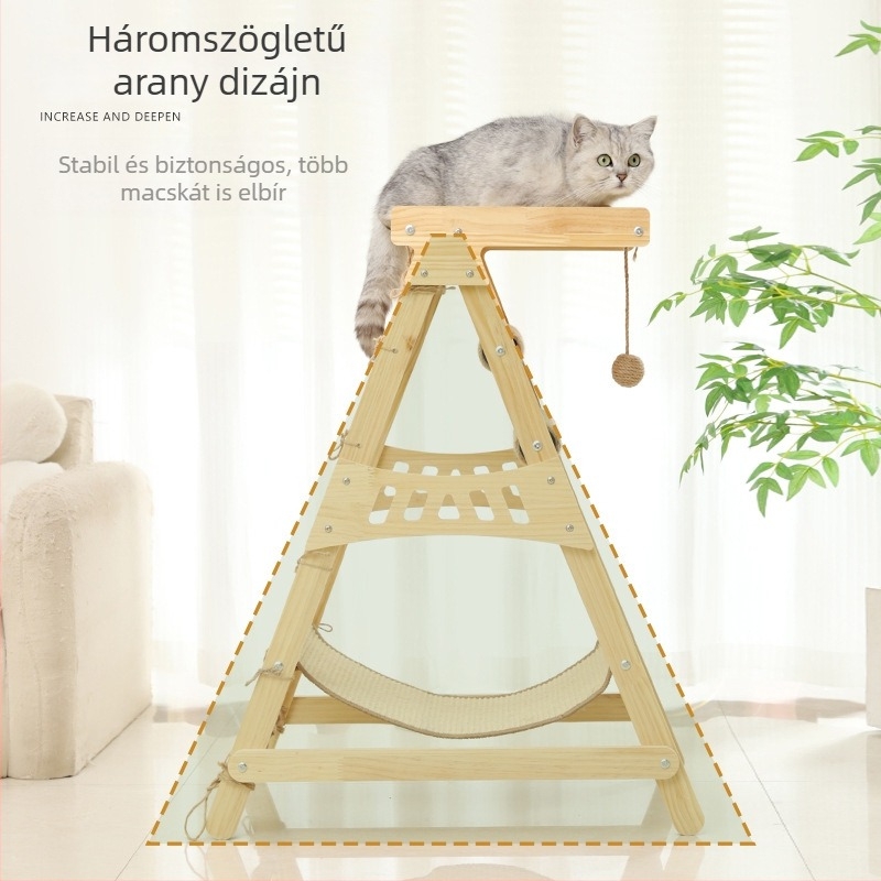 Masszív faból készült macskafa sisal kötéllel, tartós, beépített karmolódeszkával, odúval, karmolóoszloppal és macskafüggőággyal.