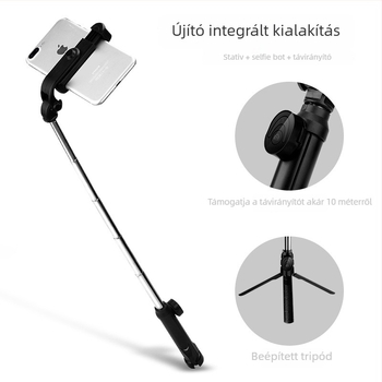 XT10 Bluetooth selfie bot háromlábas állvánnyal és beépített élő közvetítés tartóval telefonhoz, vízszintes és függőleges felvételhez, rozsdamentes acél + ABS szerkezet, távirányító tartozék