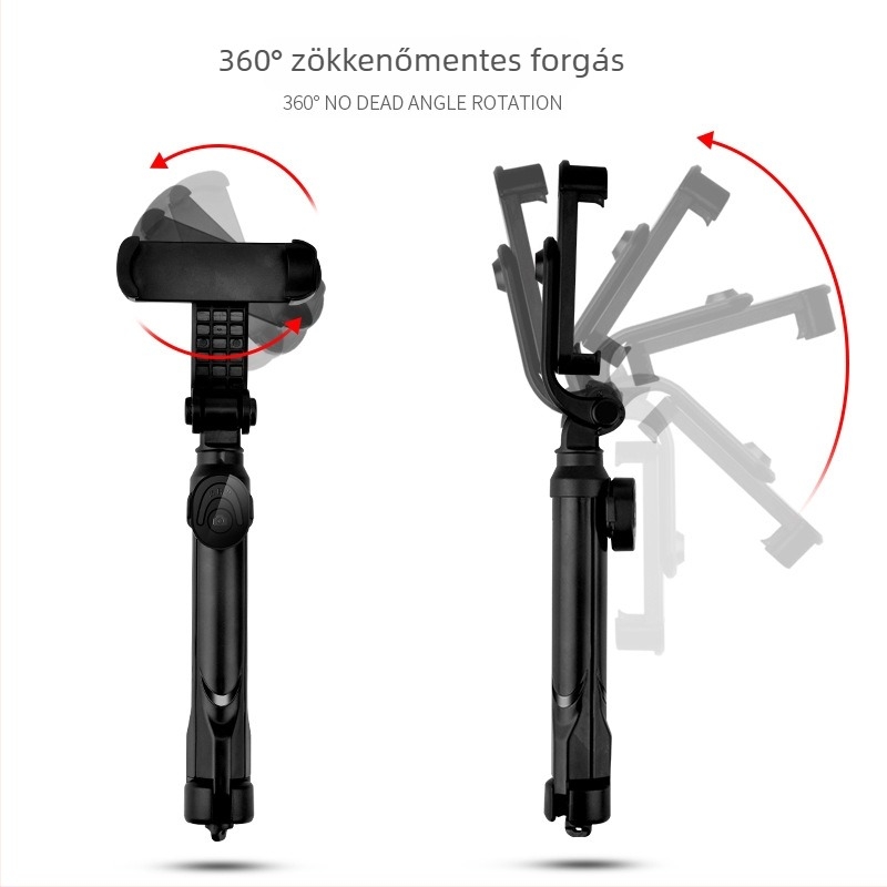 XT10 Bluetooth selfie bot háromlábas állvánnyal és beépített élő közvetítés tartóval telefonhoz, vízszintes és függőleges felvételhez, rozsdamentes acél + ABS szerkezet, távirányító tartozék