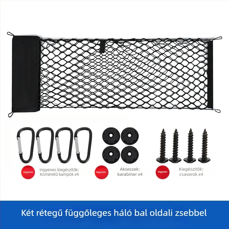 Autóhátsó csomagtartó háló, kihúzható, testreszabható, logónyomtatás lehetséges, univerzális középkonzolhoz