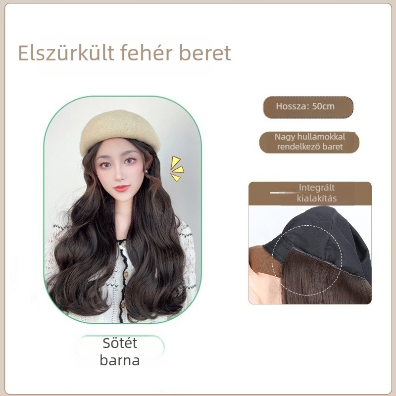 Női egybeépített beret parókával – őszi-téli stílus, hőálló szintetikus haj, frufni egyenes vagy ferde, nem perm vagy festés