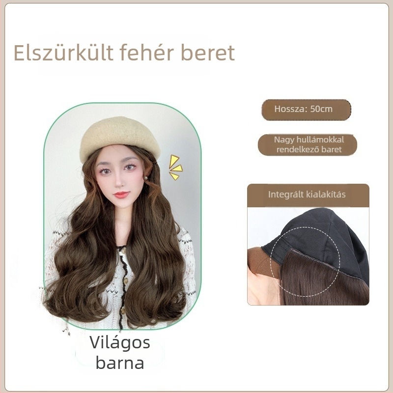 Női egybeépített beret parókával – őszi-téli stílus, hőálló szintetikus haj, frufni egyenes vagy ferde, nem perm vagy festés