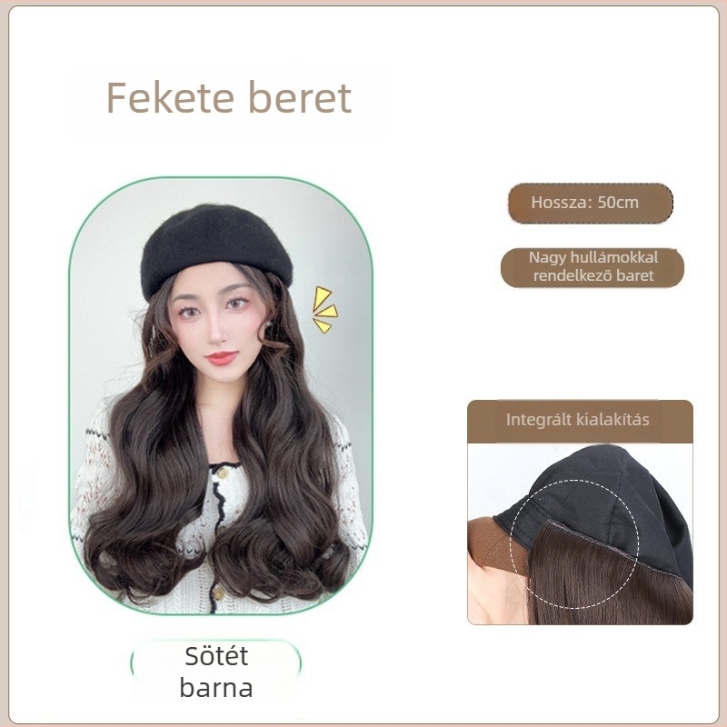 Női egybeépített beret parókával – őszi-téli stílus, hőálló szintetikus haj, frufni egyenes vagy ferde, nem perm vagy festés