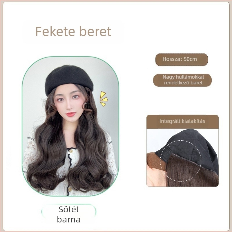 Női egybeépített beret parókával – őszi-téli stílus, hőálló szintetikus haj, frufni egyenes vagy ferde, nem perm vagy festés