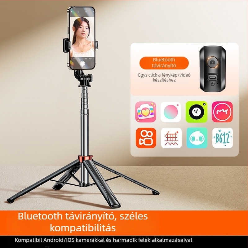 Teleszkópos rozsdamentes acélból készült selfie bot távirányítóval, beépített kitöltőfénnyel és Bluetooth-szal, ideális a selfie-hez és élő közvetítéshez