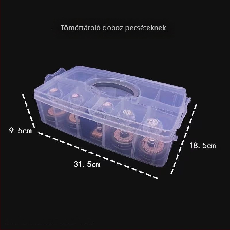 Többrekeszes tárolódoboz pecsétekhez, fogantyúval, polipropilén, fa textúra, japán stílus