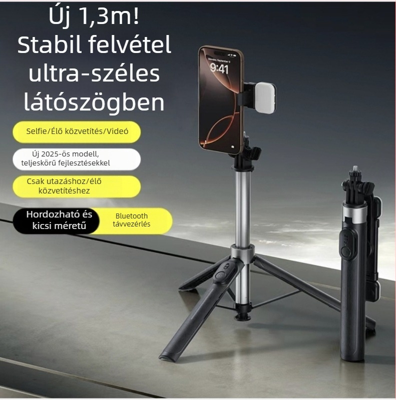 Rozsdamentes acélból készült mobilszelfi bot távirányítóval, Bluetooth, képstabilizáció, beépített fény, univerzális kompatibilitás