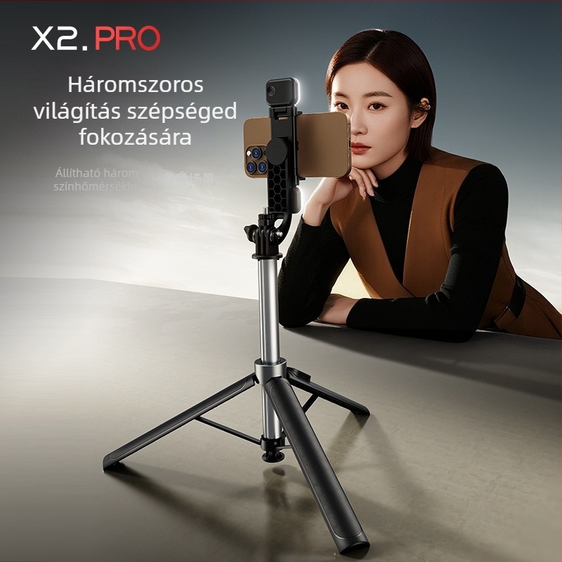 Rozsdamentes acélból készült mobilszelfi bot távirányítóval, Bluetooth, képstabilizáció, beépített fény, univerzális kompatibilitás