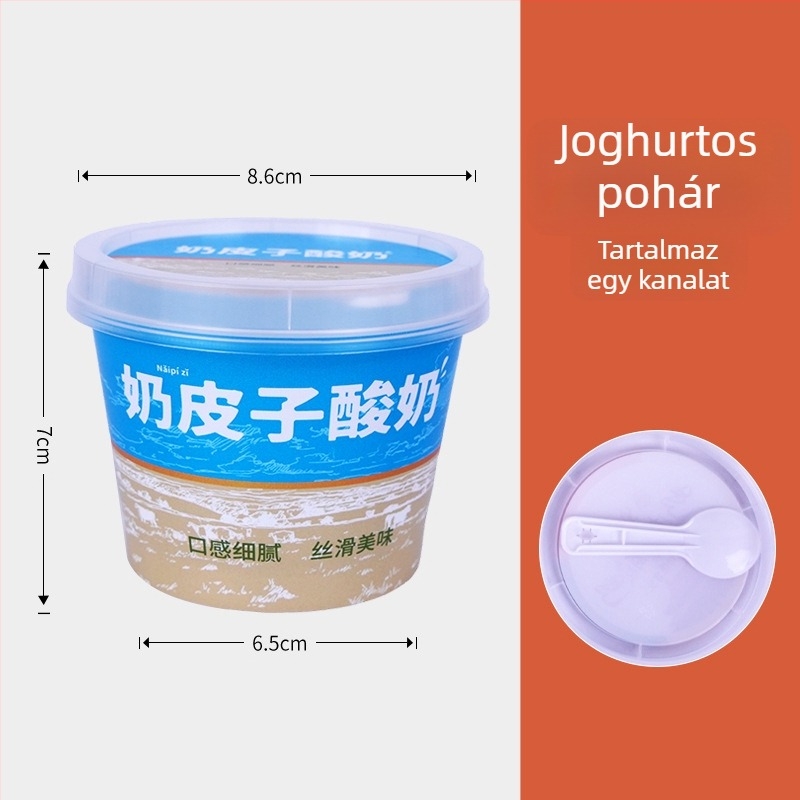 Egyszer használatos PP műanyag joghurtos pohár, szitanyomással, fedeles, logó nyomtatás, Stílusok 1-4