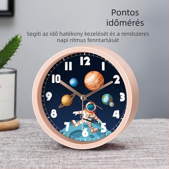 Gyerekeknek szóló ébresztőóra Csillagos égbolt–űrhajós téma, Rajzfilm stílus, Elemes működésű, műanyag tokozás, műanyag számlap, üvegtükör felület, csendes működés