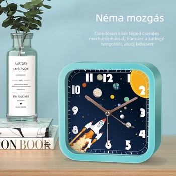 Gyerekeknek szóló ébresztőóra Csillagos égbolt–űrhajós téma, Rajzfilm stílus, Elemes működésű, műanyag tokozás, műanyag számlap, üvegtükör felület, csendes működés