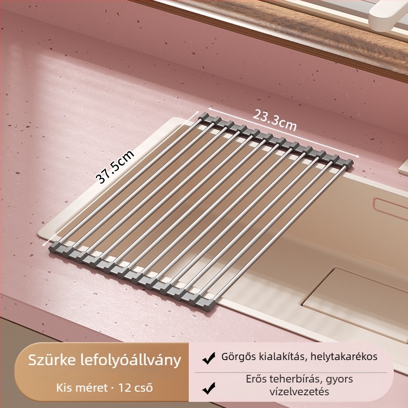 Összecsukható rozsdamentes acél mosogató szárítórács szilikon rolóval, tároló felülettel tányérok és evőeszközök számára