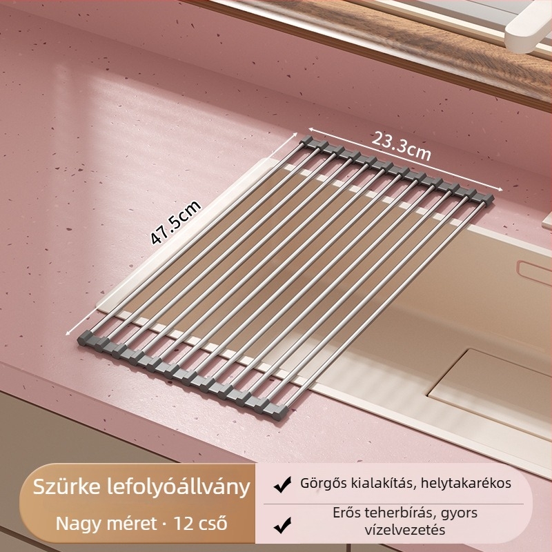 Összecsukható rozsdamentes acél mosogató szárítórács szilikon rolóval, tároló felülettel tányérok és evőeszközök számára