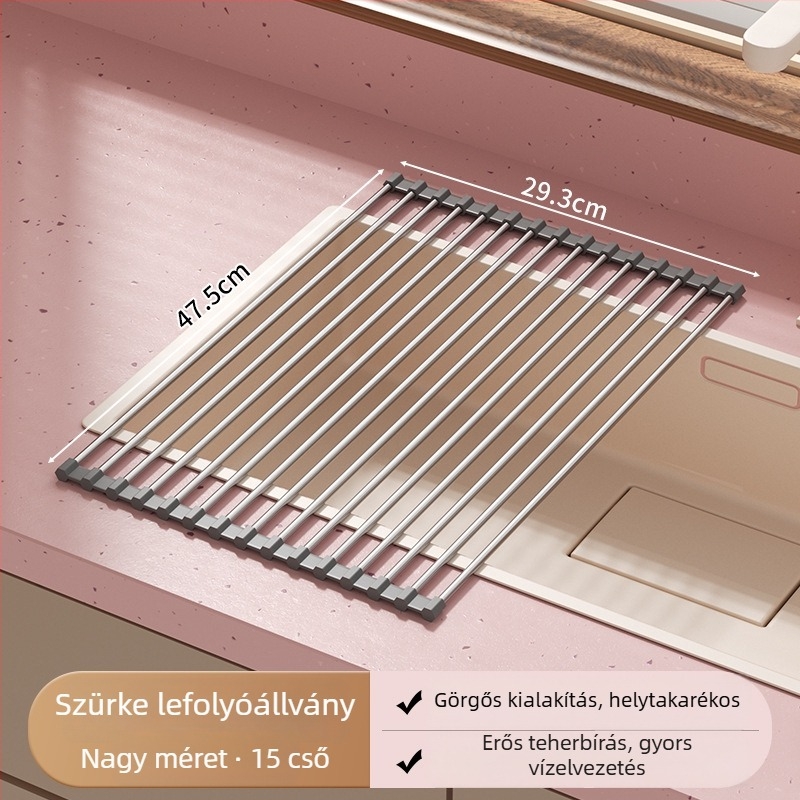 Összecsukható rozsdamentes acél mosogató szárítórács szilikon rolóval, tároló felülettel tányérok és evőeszközök számára