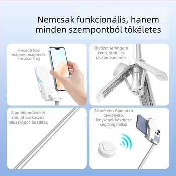 Mini mágneses selfie bot Bluetooth távirányítóval, teleszkópos telefon-tartó, MagSafe-kompatibilis markolat, rezgéscsillapító stabilizálás, ABS+alumíniumötvözet