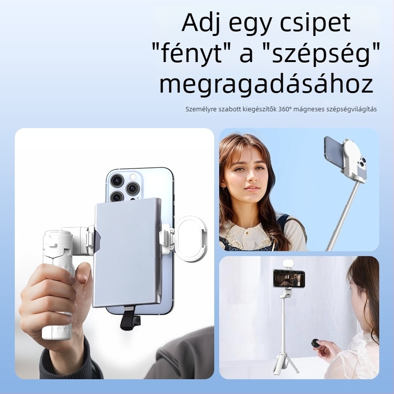 Mini mágneses selfie bot Bluetooth távirányítóval, teleszkópos telefon-tartó, MagSafe-kompatibilis markolat, rezgéscsillapító stabilizálás, ABS+alumíniumötvözet