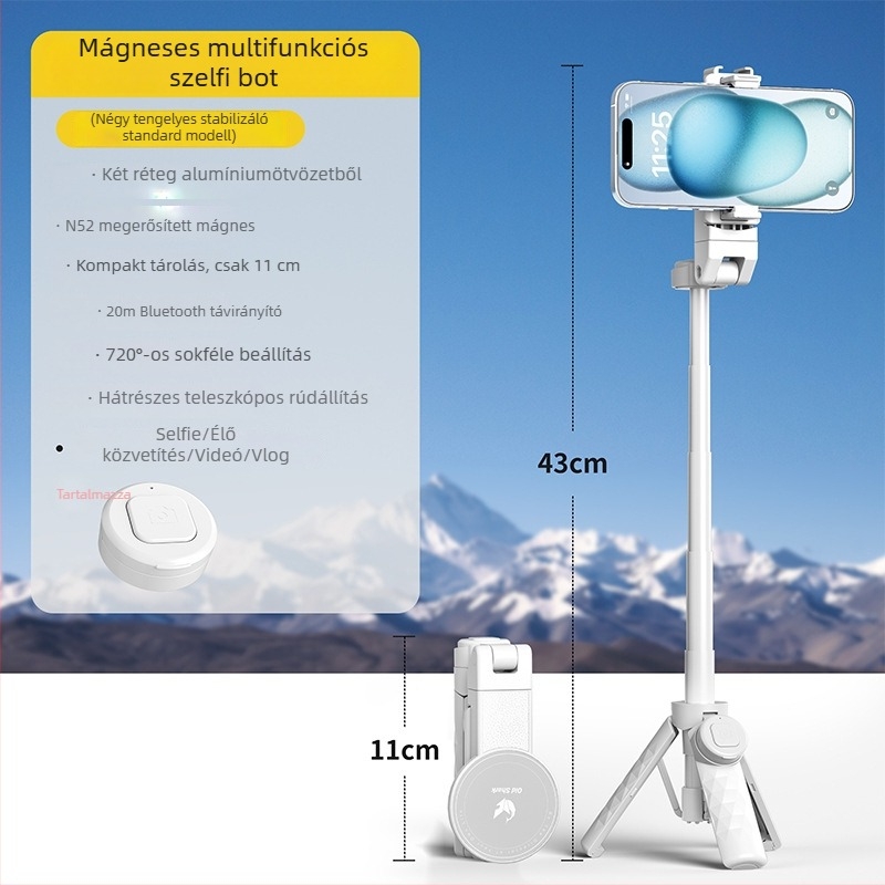 Mini mágneses selfie bot Bluetooth távirányítóval, teleszkópos telefon-tartó, MagSafe-kompatibilis markolat, rezgéscsillapító stabilizálás, ABS+alumíniumötvözet