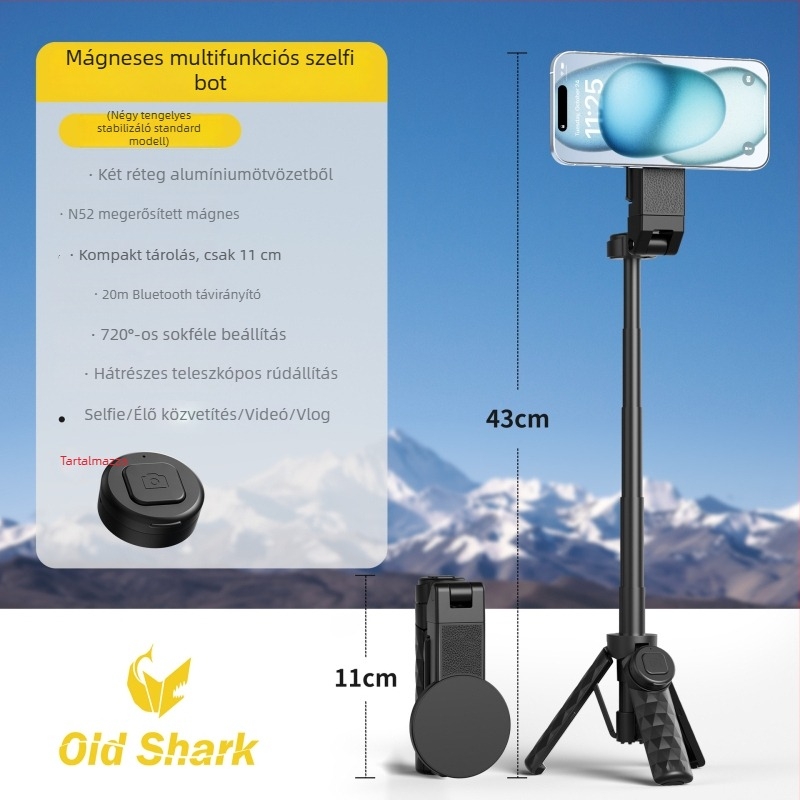 Mini mágneses selfie bot Bluetooth távirányítóval, teleszkópos telefon-tartó, MagSafe-kompatibilis markolat, rezgéscsillapító stabilizálás, ABS+alumíniumötvözet