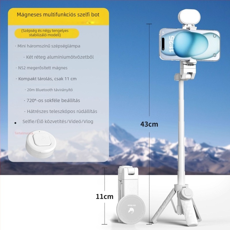 Mini mágneses selfie bot Bluetooth távirányítóval, teleszkópos telefon-tartó, MagSafe-kompatibilis markolat, rezgéscsillapító stabilizálás, ABS+alumíniumötvözet