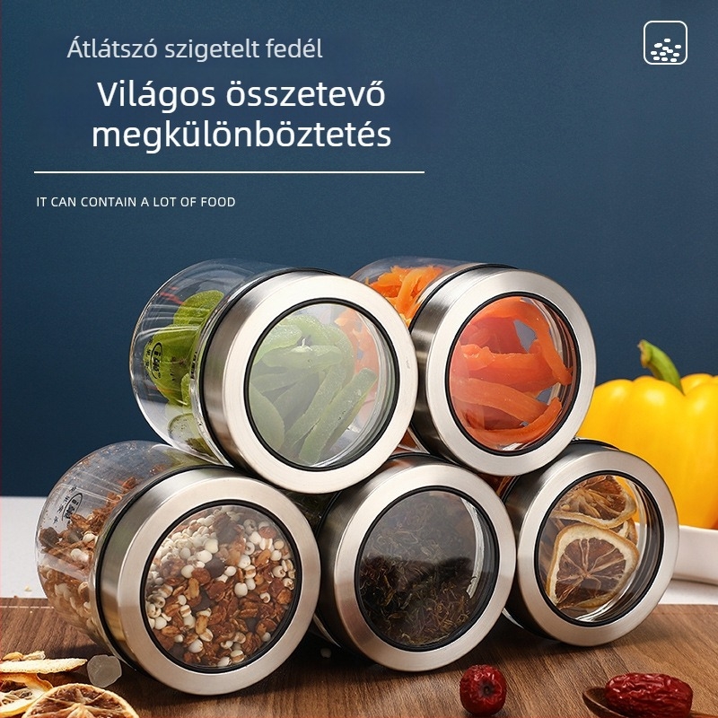 Üvegből készült teás- és gabonatároló üveg, kerek formájú, 1–2 L kapacitás, élelmiszer-minőség, zárható fedél