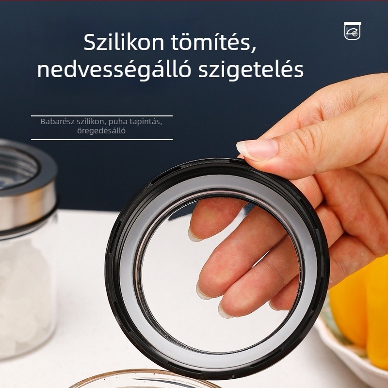 Üvegből készült teás- és gabonatároló üveg, kerek formájú, 1–2 L kapacitás, élelmiszer-minőség, zárható fedél