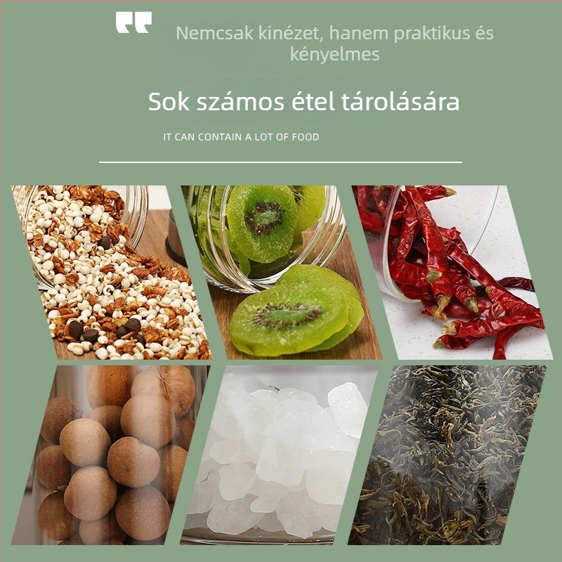 Üvegből készült teás- és gabonatároló üveg, kerek formájú, 1–2 L kapacitás, élelmiszer-minőség, zárható fedél