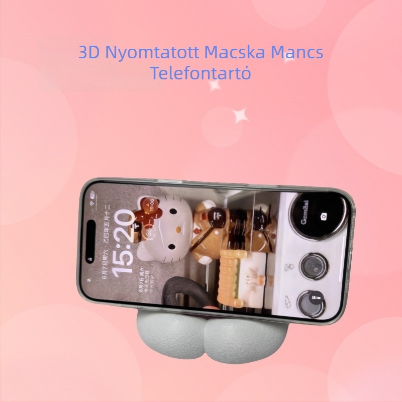 3D-nyomtatott telefon-tartó macska tappancs formával, asztali és éjjeliszekrényen használható, tartós műanyagból