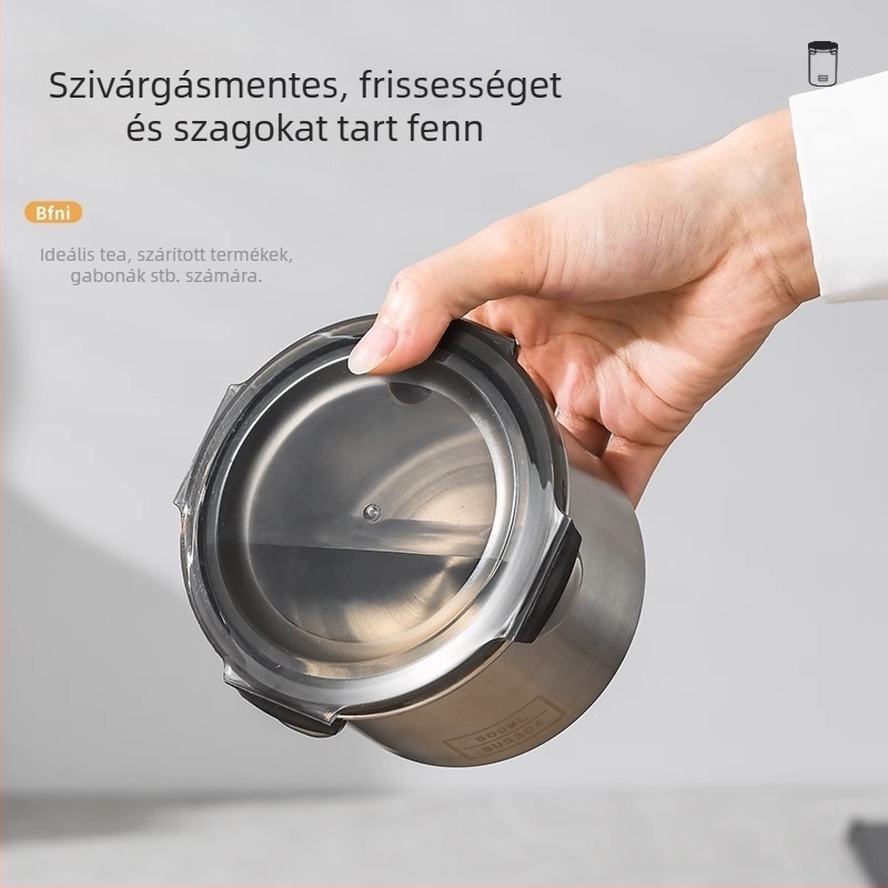 Élelmiszerminőségű rozsdamentes acél kávébab tároló edény fedővel, kör alakú, 800–1000 ml