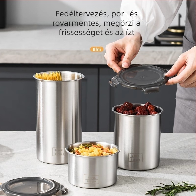 Élelmiszerminőségű rozsdamentes acél kávébab tároló edény fedővel, kör alakú, 800–1000 ml