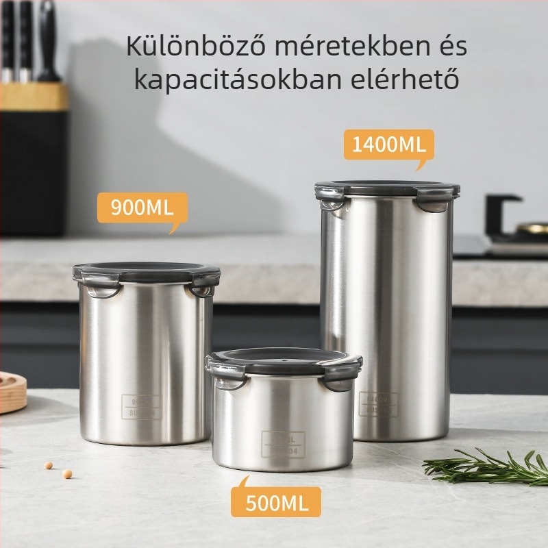 Élelmiszerminőségű rozsdamentes acél kávébab tároló edény fedővel, kör alakú, 800–1000 ml