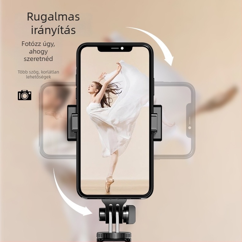 A12 szelfibot háromlábas állvánnyal, Bluetooth, beépített tartó, távirányító, töltőfény, rozsdamentes acél