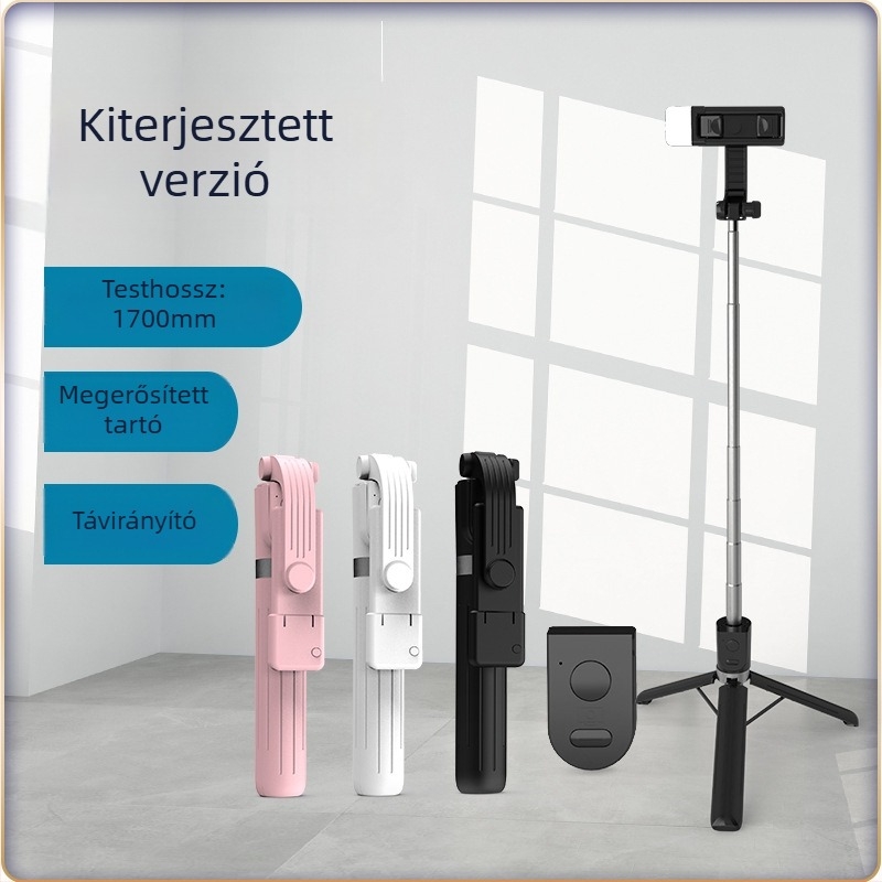 Bluetoothos selfie állvány háromlábú tartó beépített világítással, távirányítóval, Bluetooth-kapcsolat, univerzális stílus, anyag: rozsdamentes acél + ABS