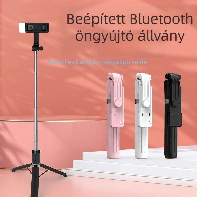 Bluetoothos selfie állvány háromlábú tartó beépített világítással, távirányítóval, Bluetooth-kapcsolat, univerzális stílus, anyag: rozsdamentes acél + ABS