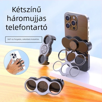 Telefon-tartó dupla gyűrűvel, három ujj hátsó részen, összecsukható és forgatható asztali klipe típusú, ötvözet, univerzális, testreszabható