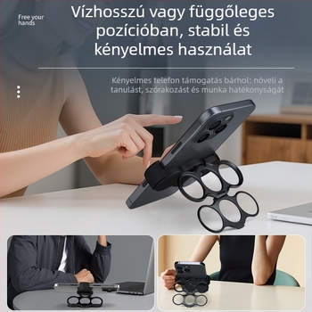 Telefon-tartó dupla gyűrűvel, három ujj hátsó részen, összecsukható és forgatható asztali klipe típusú, ötvözet, univerzális, testreszabható